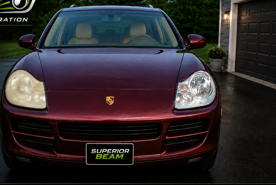 Porsche Cayenne showing one oxidized headlight and one restored headlight